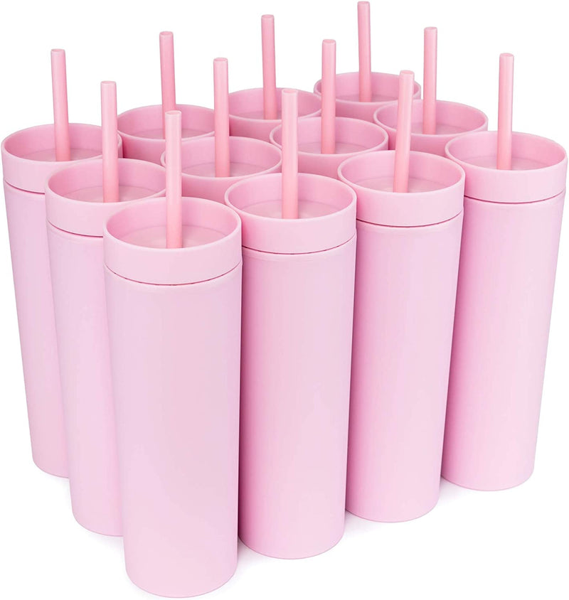 SKINNY TUMBLERS (12 Pack) Matte Pastel Colored Acrylic Tumblers with Lids and Straws | 16Oz Double Wall Plastic Tumblers with FREE Straw Cleaner! Reusable Cup with Straw | Vinyl DIY Gifts (Black) Home & Garden > Kitchen & Dining > Tableware > Drinkware STRATA CUPS Pink  