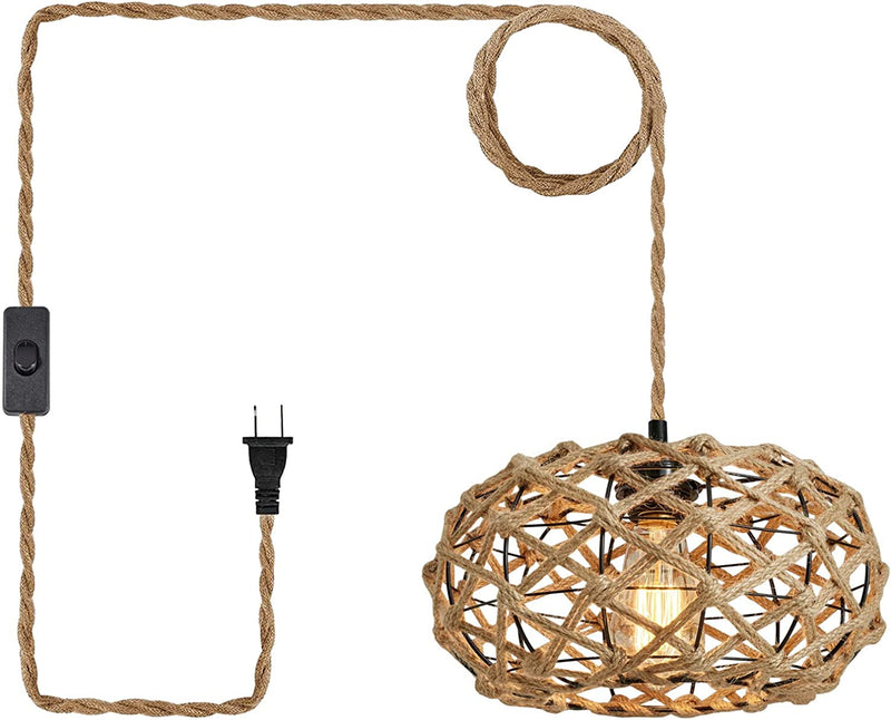 AMZASA Plug in Pendant Light Boho Woven Haning Lamp With15.1Ft Hemp Rope Cord,On/Off Switch Retro Coastal Wicker Rattan Cage Hanging Light for Kitchen Island Bedroom Living Room Home & Garden > Lighting > Lighting Fixtures AMZASA Plug in Pendant Light  