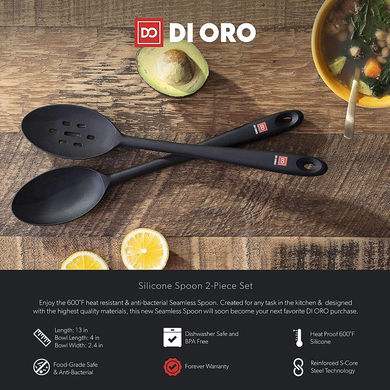 DI ORO Seamless Series 7-Piece Silicone Utensil Kitchen Set - 600°F Heat-Resistant Rubber Cooking and Baking Tools - Food Grade, BPA Free, and LFGB Certified Silicone - 5 Spatulas and 2 Spoons (Black) Home & Garden > Kitchen & Dining > Kitchen Tools & Utensils di Oro Living   