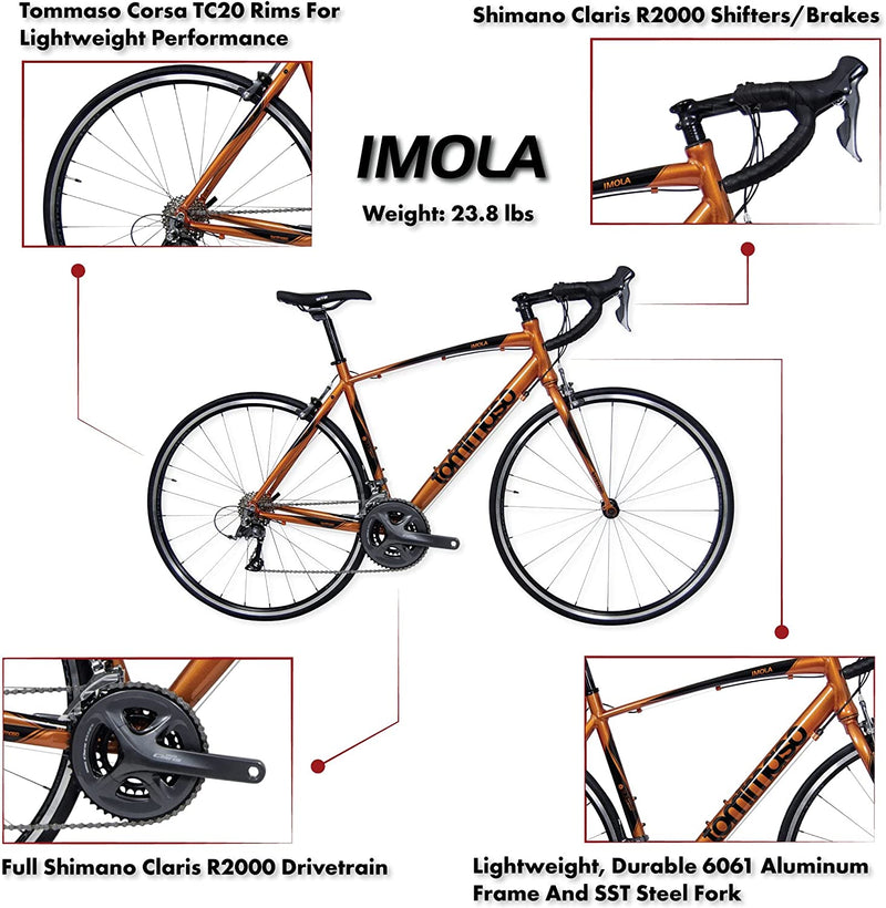 Tommaso Imola Endurance Aluminum Road Bike, Shimano Claris R2000, 24 Speeds, Black, White, Burnt Orange Sporting Goods > Outdoor Recreation > Cycling > Bicycles Tommaso   
