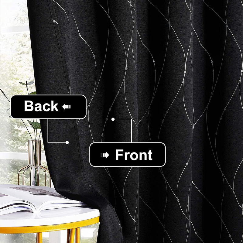 Stangh Set of 2 Printed Blackout Thermal Insulated Curtains for Kitchen, Grommet Foil Print Window Drapes with Silver Wave Line and Dots Design for Cafe Home Office, W52 X L45 Inch, Black, 2 Pieces Home & Garden > Decor > Window Treatments > Curtains & Drapes StangH   
