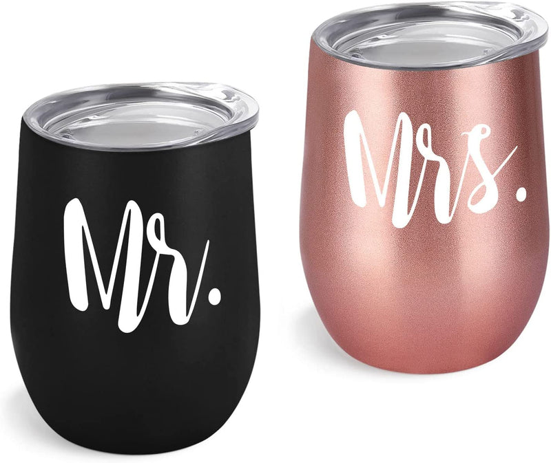 Mr and Mrs Tumblers Bridal Shower Idea for Bride and Groom, 12 Oz Wine Tumbler Wedding Idea for Newlyweds Couples Bride to Be Engagement Honeymoon, Insulated Mr Mrs Wine Tumbler Set, Set of 2 Home & Garden > Kitchen & Dining > Tableware > Drinkware GINGPROUS Black 2 and Rose Gold  