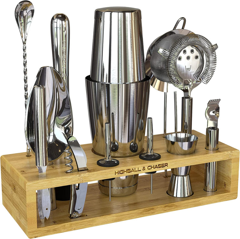 Highball & Chaser 13-Piece Boston Cocktail Shaker Set Stainless Steel Mixology Bartender Kit with Stand for Home Bar Cocktail Set | Laser Engraved Cocktail Tools | plus E-Book with 30 Cocktail Recipes Home & Garden > Kitchen & Dining > Barware Highball & Chaser Natural  