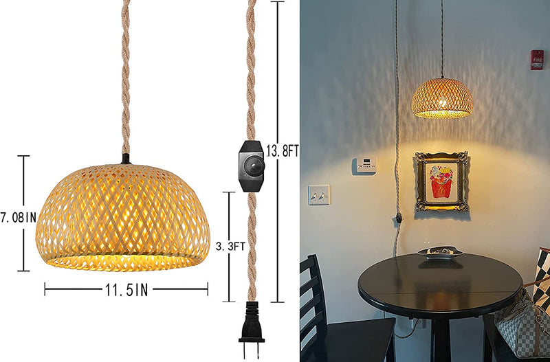 Plug in Pendant Light Rattan Hanging Lamp with Dimmable Switch 14Feet Hemp Rope Cord Bamboo Lampshade Hanging Lights Fixture with Plug in Cord Home & Garden > Lighting > Lighting Fixtures HXMLS   
