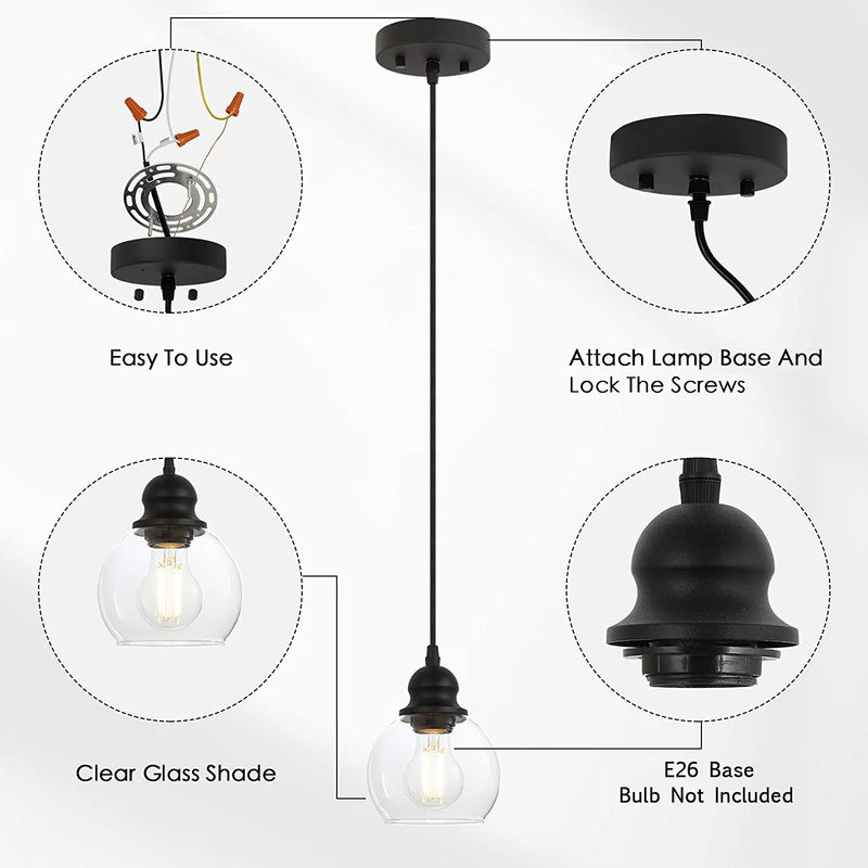 Modern Pendant Light Fixtures, Industrial Hanging Ceiling Lamp with Clear Glass Shade, Vintage Black Pendant Lighting for Kitchen Island Living Room Hallway Bedroom Dining Hall Office Bar Farmhouse