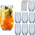 Highball Glasses Set of 8,16 OZ Tall Drinking Glasses,Elegant Iridescent Glassware Water Glass Tumblers with Straws,Reusable Cocktail Juice Glasses,Whiskey Glasses for Beer,Kitchen,Party