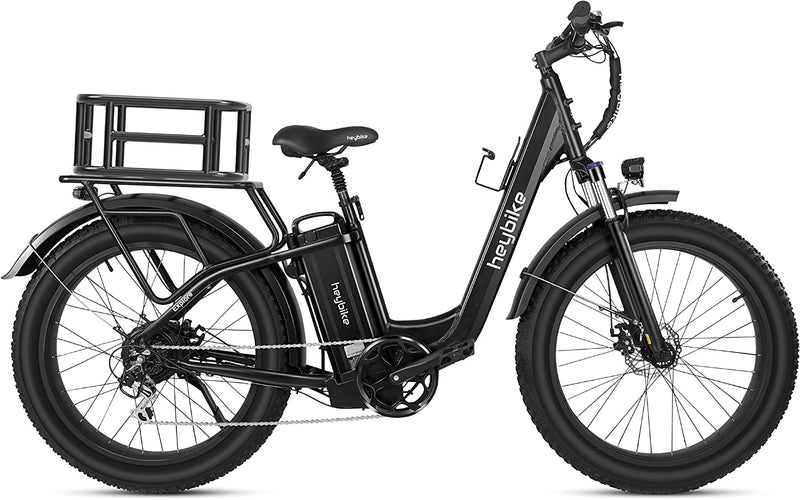 Heybike Explore Electric Bike for Adults 48V 20AH Removable Massive Battery, 750W Brushless Motor, 26" X 4.0 Fat Tire Step-Thru Ebike up to 28MPH, Shimano 7-Speed, UL Certified Sporting Goods > Outdoor Recreation > Cycling > Bicycles Jasion With Rear Basket  