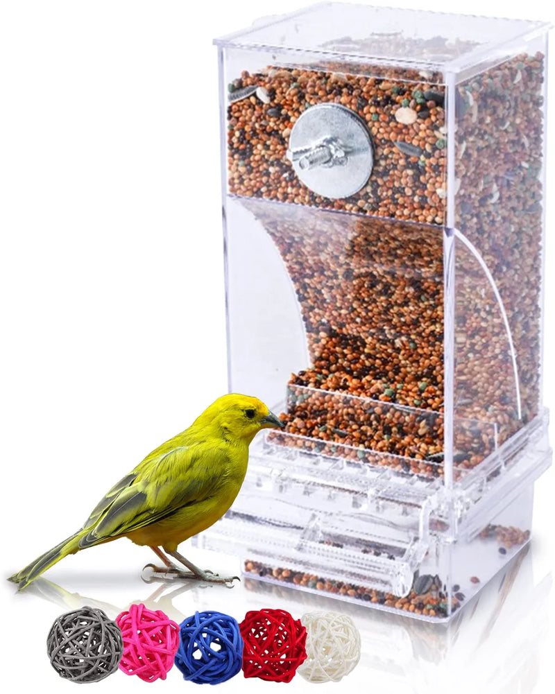 Hamiledyi No Mess Bird Feeders Automatic Parrot Feeder Drinker Acrylic Seed Food Container Parakeet Water Dispenser Cage Accessories for Lovebirds Budgies Canary Finch Animals & Pet Supplies > Pet Supplies > Bird Supplies > Bird Cage Accessories > Bird Cage Food & Water Dishes Hamiledyi Transparent Bird Feeder with 5 Chew Balls  
