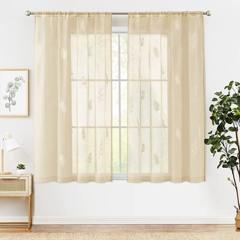 JINCHAN Sheer Embroidered Curtains for Living Room 84 Inch Length 2 Panels Leaf Pattern Voile for Bedroom Botanical Design Rod Pocket Top Window Treatments Sheers for Kitchen White on Taupe Home & Garden > Decor > Window Treatments > Curtains & Drapes CKNY HOME FASHION Herb Taupe 63"L 