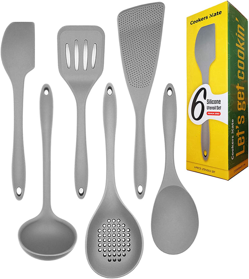 Cookers Mate Silicone Kitchen Cooking Utensil Set Extra Large XL - 6 Piece Non-Stick Heat Resistant Cookware, Premium Designed Tools Including Spatula, Spoon, Fish Turner and Ladle (Gray) Home & Garden > Kitchen & Dining > Kitchen Tools & Utensils Cookers Mate   