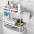 Over the Toilet Storage Shelf, 2 Tier Bathroom Hanging Storage Shelves, Iron Toilet Tank Organizer with Paper Towel Holder, Large Space Saver with No Drill Adhesive Hooks, 4Pcs Sticker Bases, White Home & Garden > Household Supplies > Storage & Organization Taaji White  