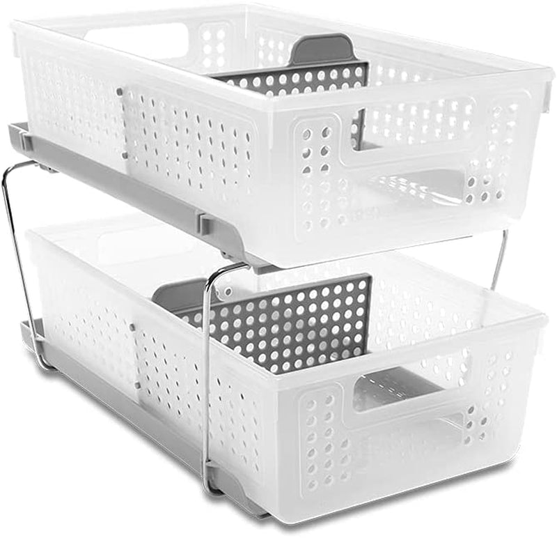 Madesmart 2-Tier Organizer, Multi-Purpose Slide-Out Storage Baskets with Handles and Dividers, Frost