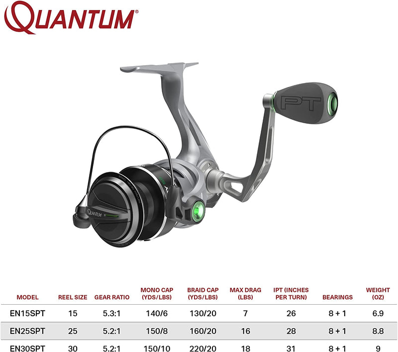 Quantum Energy S3 Spinning Fishing Reel, Size 25 Reel, Changeable Right- or Left-Hand Retrieve, Continuous Anti-Reverse Clutch, EVA Handle Knobs, 5.2:1 Gear Ratio, 8 + 1 Bearings, Silver/Black