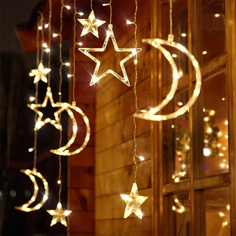 138 Leds Curtain Lights, 11.5FT Christmas Moon Star Window Fairy String Lights,Usb and Battery Powered for Indoor Window, Kid Bedroom, Patio, Front Porch, Camping, Guest Room Decoration, Multicolor  Lylyzoo Warm White  