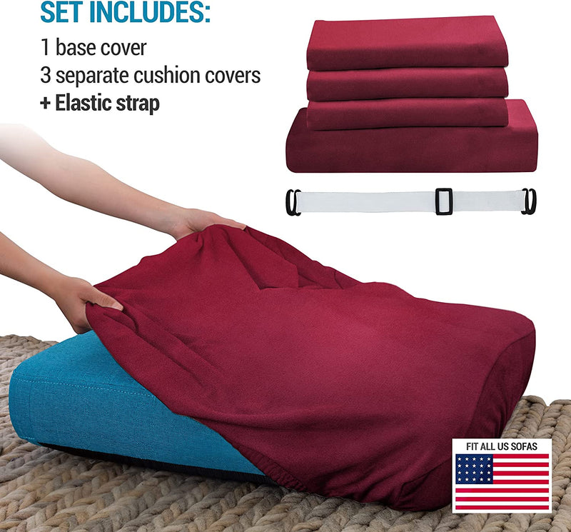 FINERFIBER Velvet High Stretch 4 Piece Sofa Slipcover | Thick Couch Cover for Pets | Couch Covers for 3 Cushion Couch | Furniture Protector for 3 Separate Cushion Couch Machine Washable (Sofa,Red) Home & Garden > Decor > Chair & Sofa Cushions FINERFIBER   