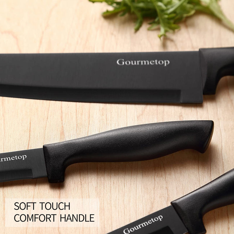 Gourmetop Kitchen Knife Set with No Drilling Magnetic Strip, Knives Set for Kitchen Black Titanium Cooking Knives, Sharp Stainless Steel Chef Knife Set for Cutting Meat & Vegetable, Dishwasher Safe