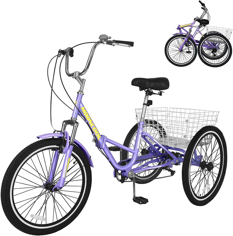 H&ZT Tricycle for Adults, 3 Wheeled Bikes for Adults，Trike Cruiser Bike, W/Large Basket & Maintenance Tools & Shimano Derailleur & Parking Brake Handle Sporting Goods > Outdoor Recreation > Cycling > Bicycles H&ZT FOLDING- purple 26" Foldable 