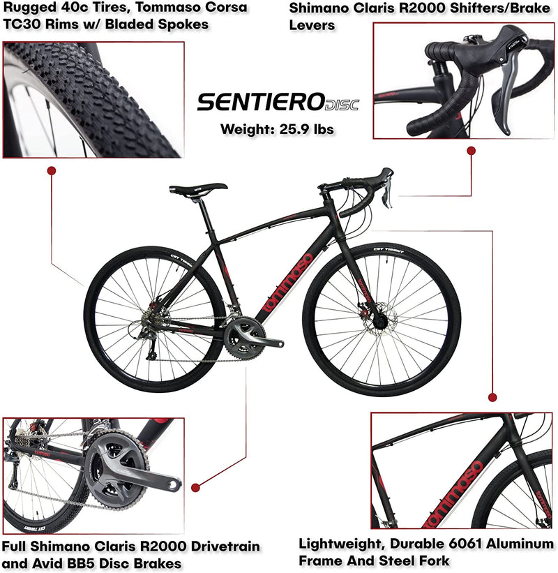 Tommaso Sentiero Gravel Bike, Shimano Claris Adventure Bike with Disc Brakes, Extra Wide Tires, Perfect for Road or Dirt Trail Touring, Matte Black, Red Sporting Goods > Outdoor Recreation > Cycling > Bicycles Tommaso   