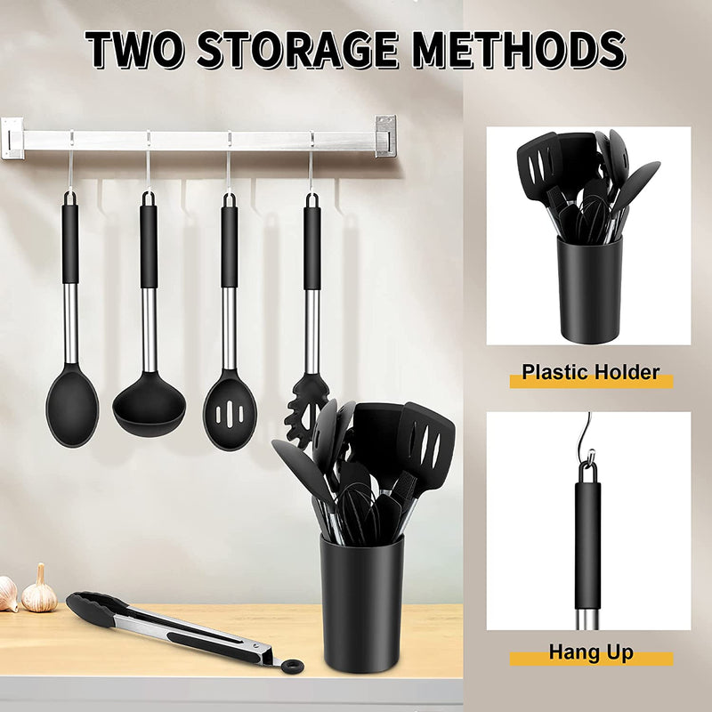 Silicone Cooking Utensils Set, E-Far 14-Piece Black Kitchen Utensils Set with Holder, Kitchen Tools Spatulas with Stainless Steel Handle for Non-Stick Cookware, Heat Resistant & Dishwasher Safe