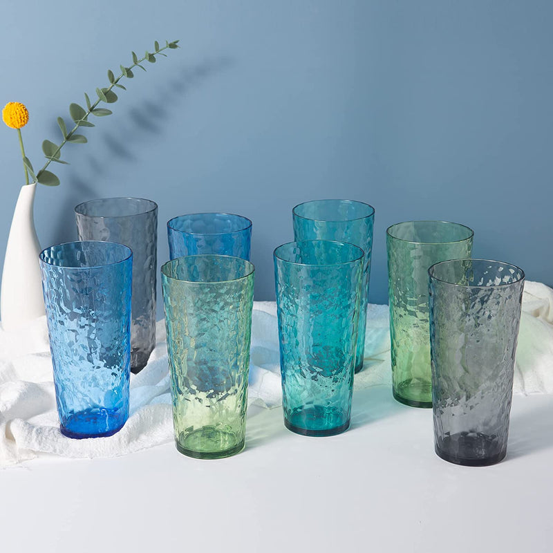 Mixed Drinkware 21-Ounce Plastic Tumbler Acrylic Glasses with Hammered Design, Set of 6 Green