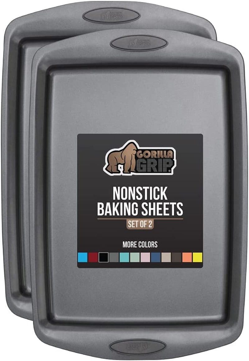 Gorilla Grip Durable Non Stick Cookie Baking Sheets, Set of 2, No Bending or Warping, Perfect for One-Pan Meals, Easy Clean Up, Cooking Tray, Better Grip with Silicone Handles, 17.3X11.75 Inch, Black Home & Garden > Kitchen & Dining > Cookware & Bakeware Hills Point Industries, LLC Gray Cookie Sheets Set of 2