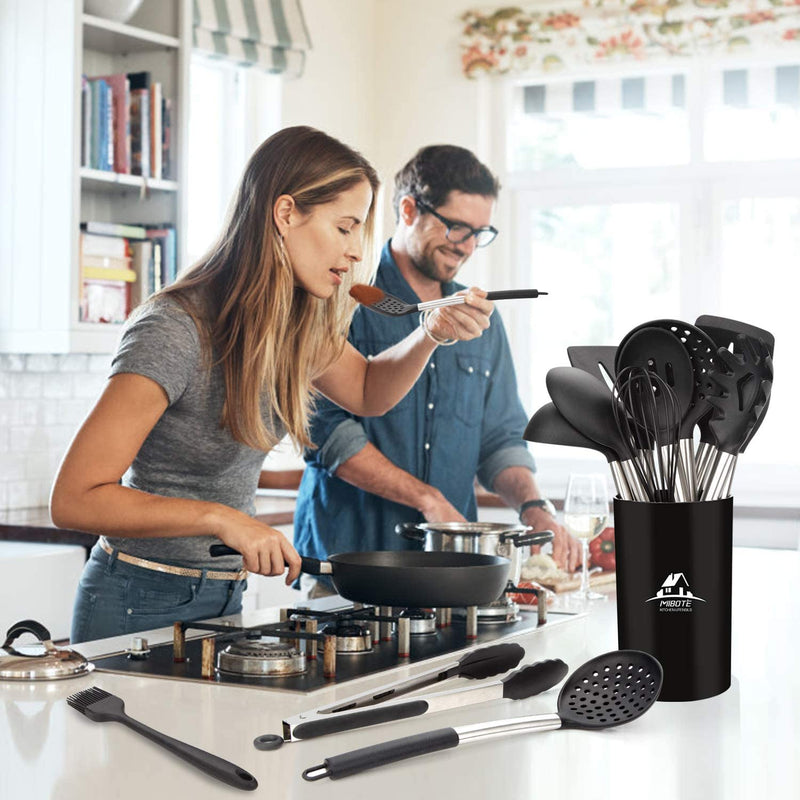 MIBOTE 15 Pcs Silicone Kitchen Utensils Set, Cooking Utensils Set with Heat Resistant Bpa-Free Silicone and Stainless Steel Handle Kitchen Tools Set (Black) Home & Garden > Kitchen & Dining > Kitchen Tools & Utensils MIBOTE   