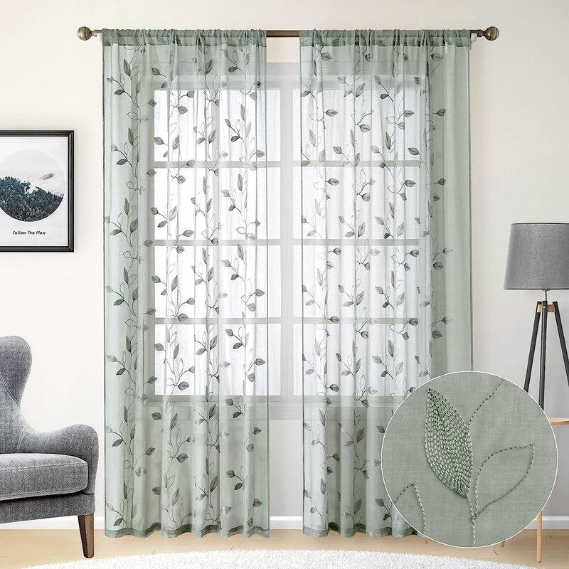 HOMEIDEAS Sage Green Sheer Curtains 52 X 84 Inches Long 2 Panels Embroidered Leaf Pattern Pocket Faux Linen Floral Semi Sheer Voile Window Curtains/Drapes for Bedroom Living Room Sporting Goods > Outdoor Recreation > Fishing > Fishing Rods HOMEIDEAS   