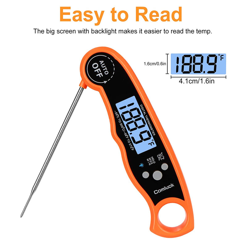 Comluck Instant Read Meat Thermometer - CA001 Digital Oven Cooking Food Min Max Thermometer Magnetic Waterproof with Backlight for Adults Kitchen Grill Steak Outdoor BBQ Barbecue Milk Candy Baking