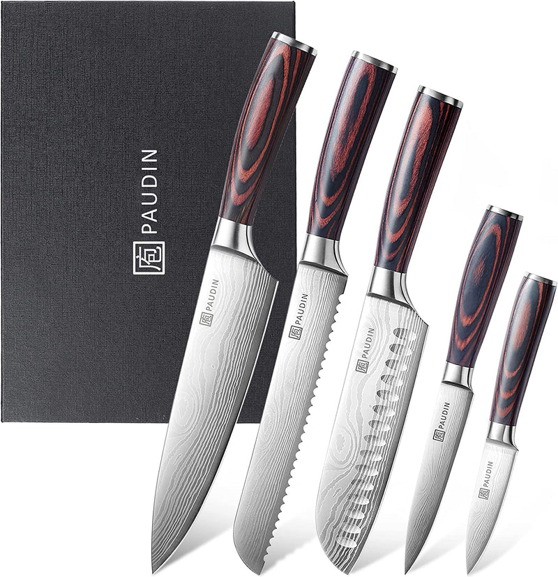 PAUDIN Knife Set, 5 Pcs Kitchen Knife Set with Sharp High Carbon Stainless Steel Forged Blade and Non-Slip Pakkawood Handle, Professional Knives Set for Kitchen, Chef Knife Set Come with Gift Box Home & Garden > Kitchen & Dining > Kitchen Tools & Utensils > Kitchen Knives PAUDIN 5 Pcs Knife Set  