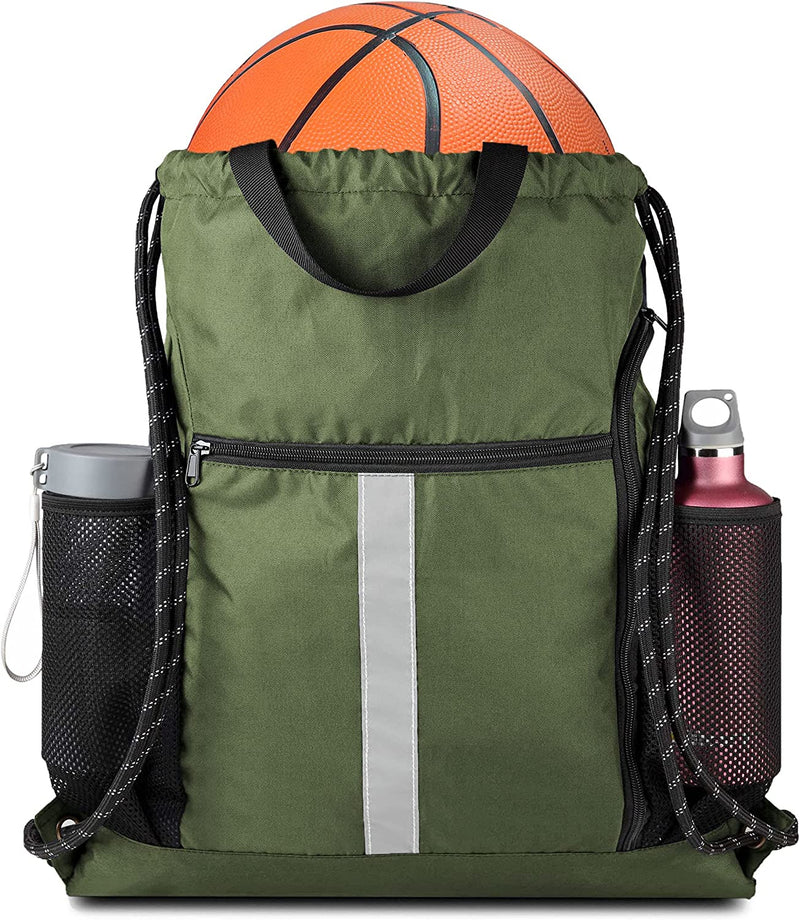 Drawstring Backpack Sports Gym Bag with Shoe Compartment and Two Water Bottle Holder Home & Garden > Household Supplies > Storage & Organization BeeGreenbags Moss Green 16" x 19.5" 