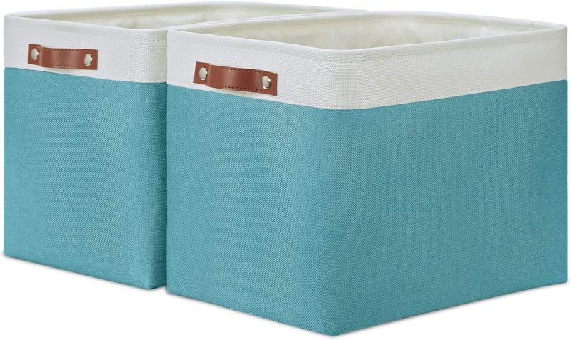 DULLEMELO Storage Bins 16"X12"X12" with Leather Handles for Organizing,Decorative Collapsible Storage Baskets for Shelves Closet Home Office (Black&Grey) Home & Garden > Household Supplies > Storage & Organization DULLEMELO White&Teal Large-16"x12"x12" 