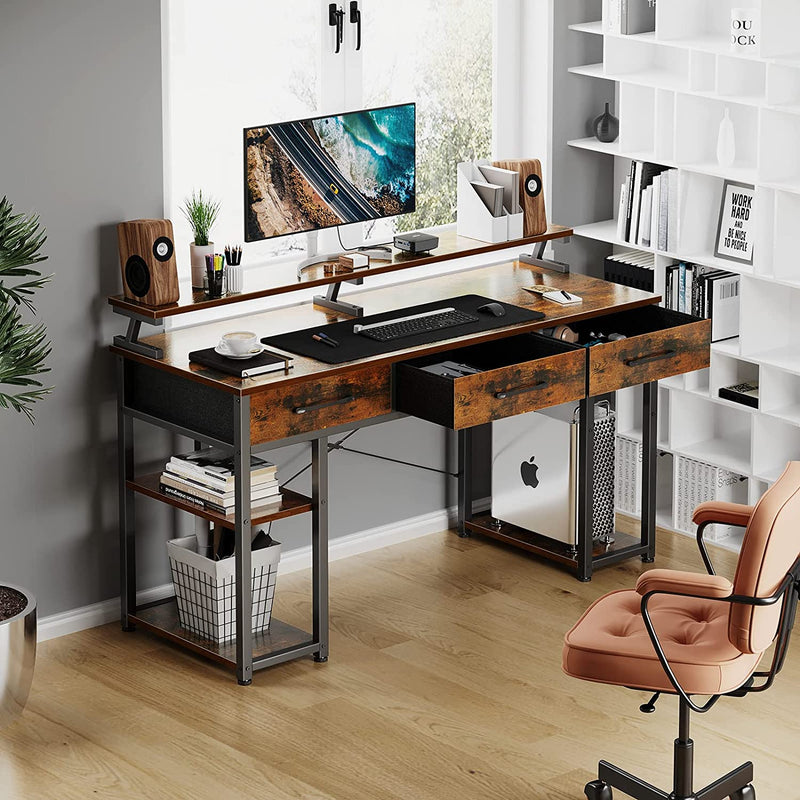 ODK Computer Desk with Drawers and Storage Shelves, 47 Inch Home Office Desk with Monitor Stand, Modern Work Study Writing Table Desk for Small Spaces, Vintage Home & Garden > Household Supplies > Storage & Organization ODK   