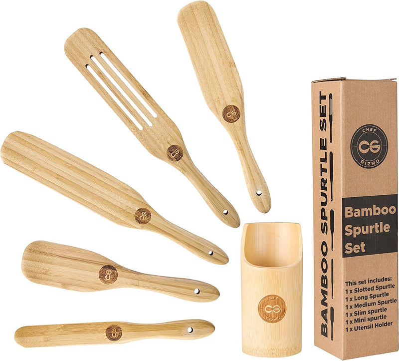 Spurtle Set Bamboo Spurtles Kitchen Tools - Spurtle Wooden Cooking Utensils Set - Nonstick Wooden Cooking Utensils- Wooden Spurtle Set 5 Spatula with Utensil Holder-Stir, Scrape, Smash.