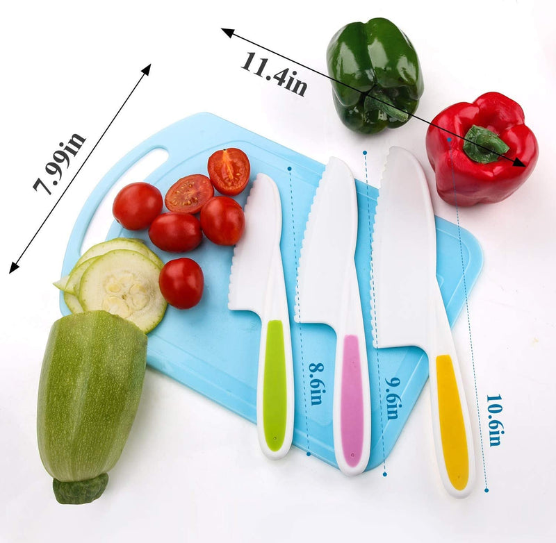 LEEFE 3 Pieces Kids Knife Set for Cooking, with Cutting Board, Safe Lettuce and Salad Knives, Kids Cooking Utensils in 3 Sizes & Colors, Serrated Edges, Plastic Safe Kitchen Knife