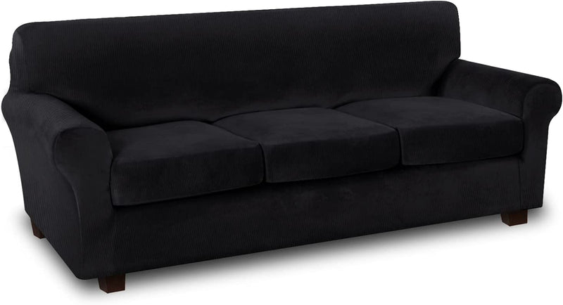 Thick Striped Velvet 4 Piece Stretch Sofa Covers Couch Covers for 3 Cushion Couch Sofa Slipcovers (Base Cover plus 3 Cushion Covers) Feature Soft Stay in Place(3 Cushion: 72"-88", Grey) Home & Garden > Decor > Chair & Sofa Cushions H.VERSAILTEX Black 3 Cushion: 96"-116" 