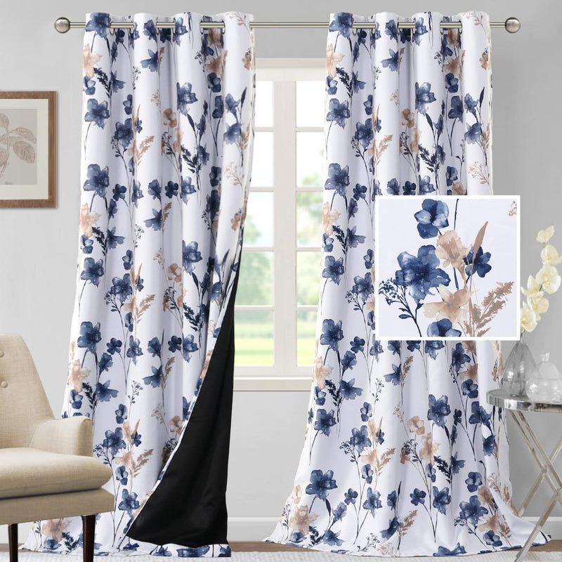 H.VERSAILTEX 100% Blackout Curtains 84 Inch Length 2 Panels Set Cattleya Floral Printed Drapes Leah Floral Thermal Curtains for Bedroom with Black Liner Sound Proof Curtains, Navy and Taupe Home & Garden > Decor > Window Treatments > Curtains & Drapes H.VERSAILTEX Navy/Taupe 52"W x 108"L 