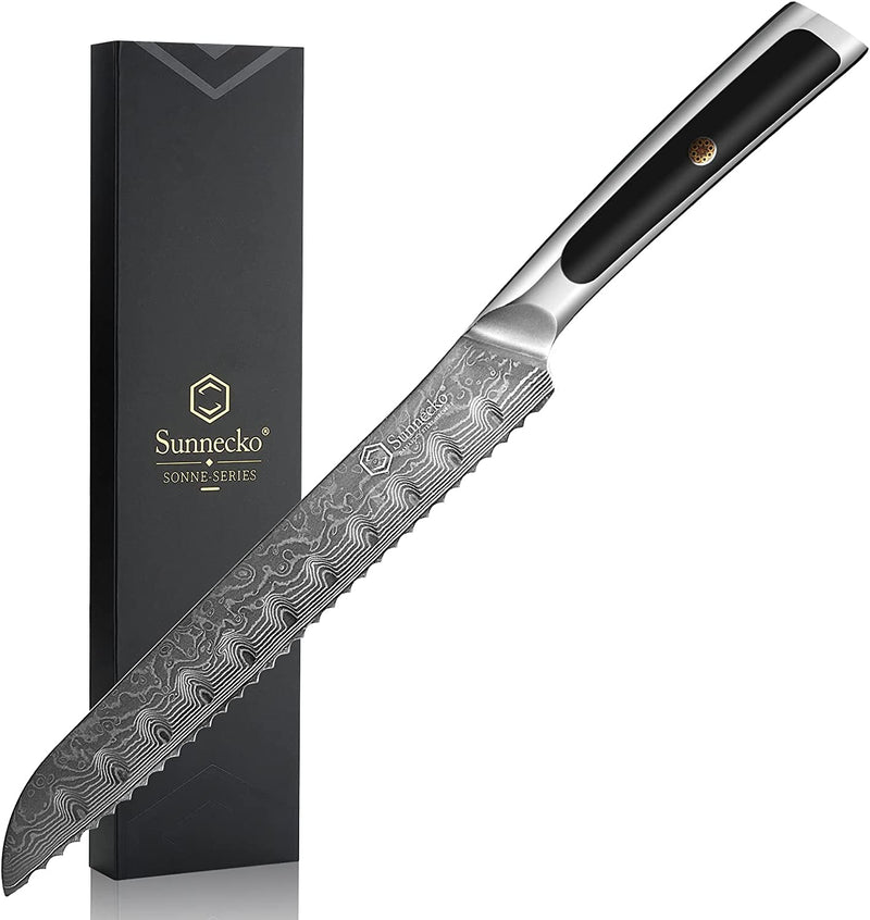 Sunnecko Damascus Kitchen Knife Set,6 PCS Knife Sets for Kitchen with Block,67-Layer Japanese VG10 High Carbon Stainless Steel Blade,Ultra-Sharp,Full Tang Forged,Ergonomic Handle,Shears Included Home & Garden > Kitchen & Dining > Kitchen Tools & Utensils > Kitchen Knives Sunnecko 8 inch Bread Knife  