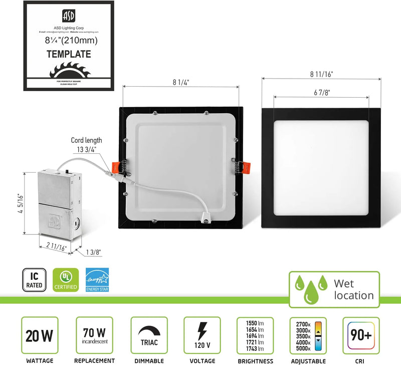 ASD 8 Inch Ultra Thin LED Square Recessed Lighting, 5 CCT 2700K-5000K Selectable, 20W 70W Eqv, Dimmable Canless LED Ceiling Square Downlight with J-Box, 1743Lm High Brightness - UL Energy Star Home & Garden > Lighting > Flood & Spot Lights ASD Lighting Corp   