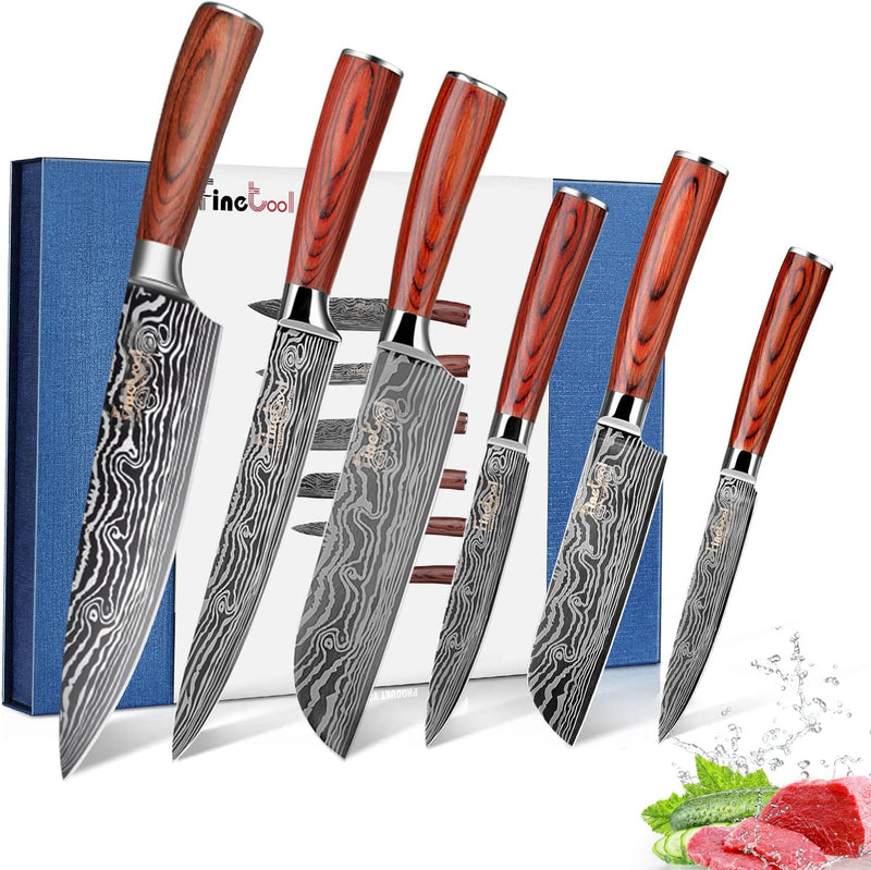 Kitchen Knife Sets, Finetool Professional Chef Knives Set Japanese 7Cr17Mov High Carbon Stainless Steel Vegetable Meat Cooking Knife Accessories with Red Solid Wood Handle, 6 Pieces Set Boxed Knife Home & Garden > Kitchen & Dining > Kitchen Tools & Utensils > Kitchen Knives FineTool   