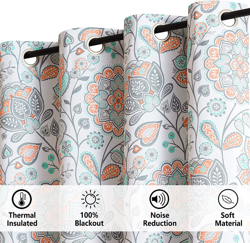 Full Blackout Curtains for Living-Room 84Inch Length Orange and Teal Jacobean Design Thermal Insulated Window Panels for Bedroom Vintage Floral Multi Curtain Panels Country Flower Grommet Top 2Pcs Home & Garden > Decor > Window Treatments > Curtains & Drapes FMFUNCTEX   