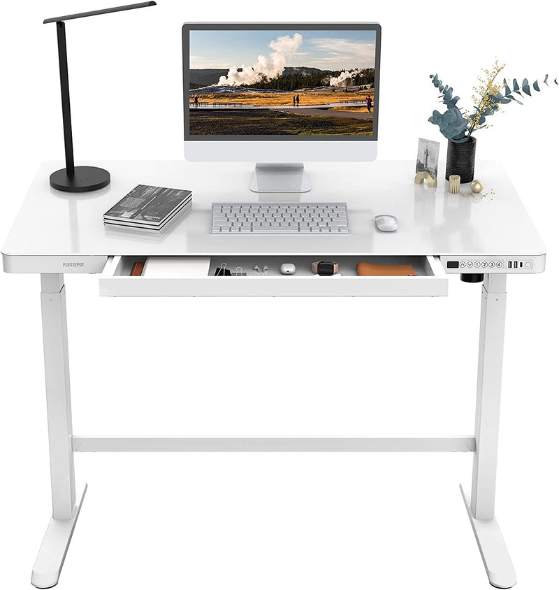 FLEXISPOT EW8 Comhar Electric Standing Desk with Drawers Charging USB a to C Port, Height Adjustable 48" Whole-Piece Quick Install Home Office Computer Laptop Table with Storage (White Top + Frame) Home & Garden > Household Supplies > Storage & Organization FLEXISPOT White Glass 