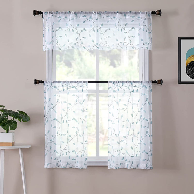 Tollpiz Leaves Sheer Valance Curtains Teal Blue Leaf Embroidery Bedroom Curtain Rod Pocket Voile Curtains for Living Room, 54 X 16 Inches Long, Set of 1 Panel