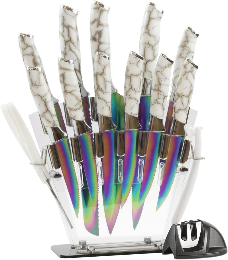 Rainbow Knife Set, Non Stick Kitchen Knives Set with Acrylic Block, 6 Piece Stainless Steel Knives, Marbling Handle Chef Quality for Home & Pro Use, Best Gift (White Handle) Home & Garden > Kitchen & Dining > Kitchen Tools & Utensils > Kitchen Knives WopZra 15PCS Set  