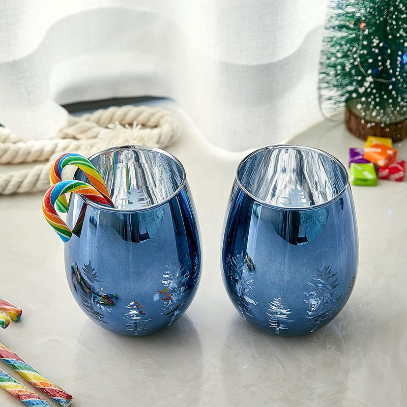 Crystal Christmas Tree Xmas Wine & Water Stemless Glasses - Set of 2 - Holiday Themed Vibrant Blue Etched Winter Snow Wonderland Frosted Glass, Perfect for Holidays Parties, Gifts for Him & Her Trees Home & Garden > Kitchen & Dining > Tableware > Drinkware GUTE   