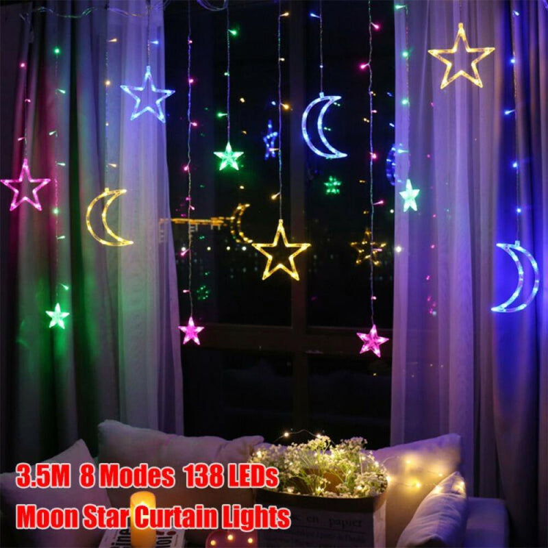 Retap 3.5M Star Moon String Lights Lamp Curtain LED Window Curtain Wedding Party Garden Bedroom Wall Decorations Twinkle Star White/Colorful for Valentine'S Day Home & Garden > Lighting > Light Ropes & Strings NA   