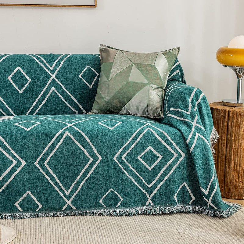 ROOMLIFE Green Geometric Rhomboid Pattern Couch Cover for 2-3 Cushion Sectional Couch Thick Cozy Chenille Sofa Covers Multifunction Sofa Slipcover Furniture Protector for Dogs Pet,71"X118" Home & Garden > Decor > Chair & Sofa Cushions ROOMLIFE   
