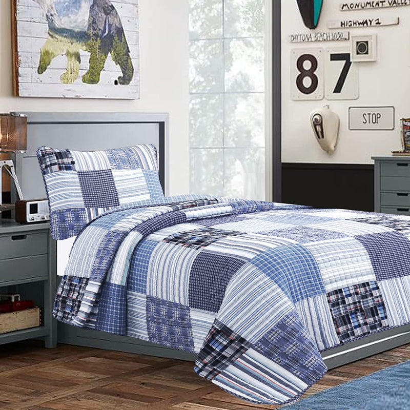 Cozy Line Home Fashions Nate Patchwork Navy/Blue/Green/Red Plaid Cotton Quilt Bedding Set, Reversible Coverlet,Bedspread for Boy/Men/Him (England Patchwork, Queen - 3 Piece) Home & Garden > Linens & Bedding > Bedding Cozy Line Home Fashions Denim Patchwork Twin - 2 piece 