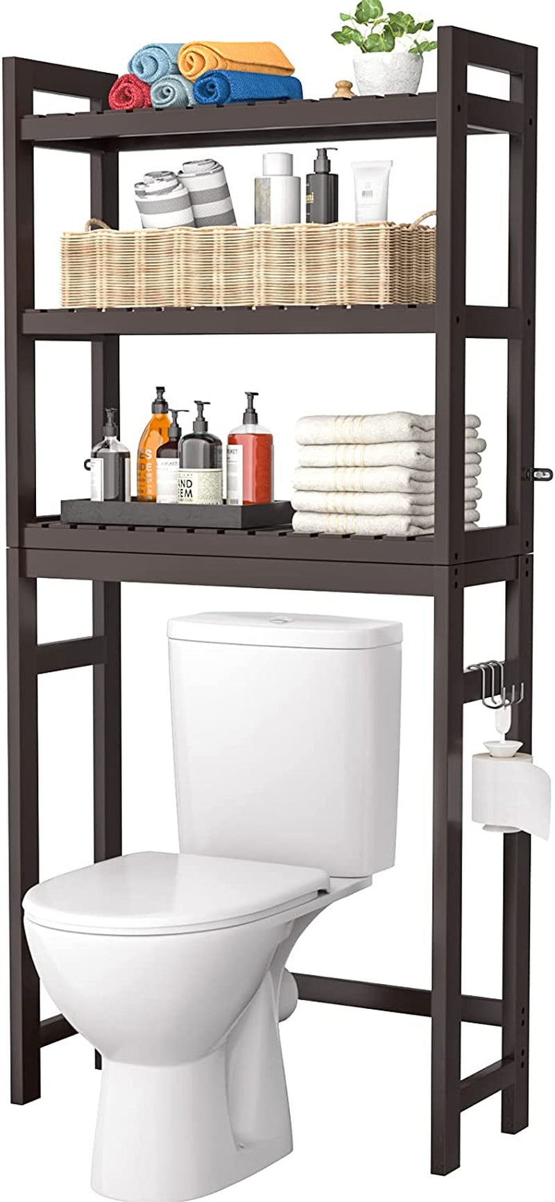 Homykic over the Toilet Storage, Bamboo 3-Tier Over-The-Toilet Space Saver Organizer Rack, Stable Freestanding above Toilet Stand with 3 Hooks for Bathroom, Restroom, Laundry, White Home & Garden > Household Supplies > Storage & Organization Homykic Espresso  