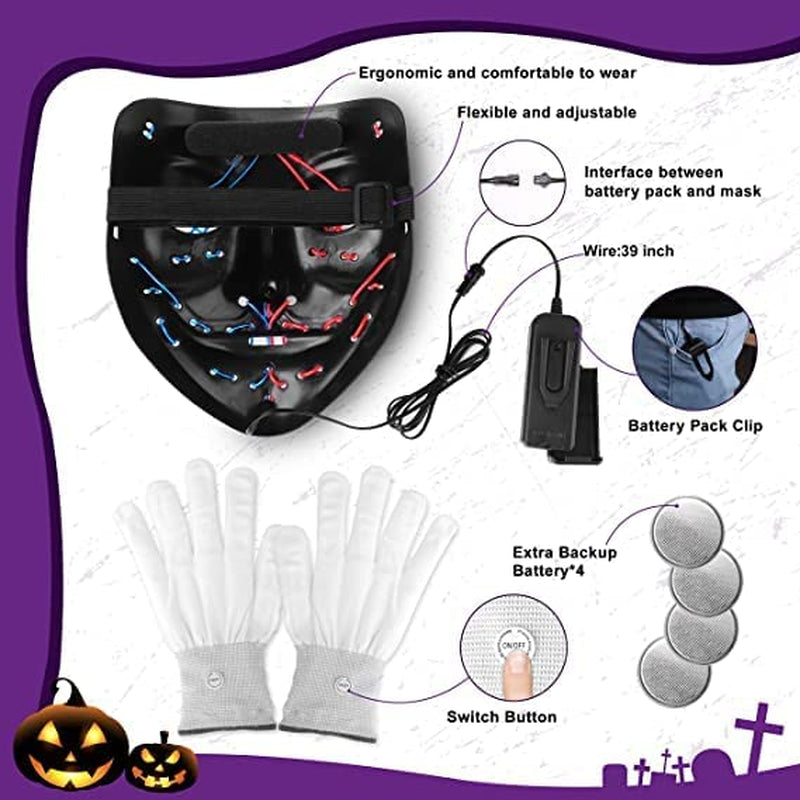 STONCH Halloween Mask Skeleton Gloves Set, 3 Modes Light up Scary LED Mask with LED Glow Gloves, Halloween Decorations Anonymous Mask, Halloween Costumes Glow Purge Masks Gift for Boys Girls  STONCH   