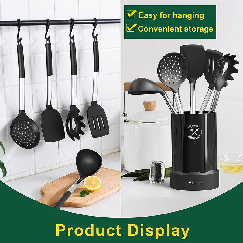 Silicone Kitchen Cooking Utensil Set, 27Pcs Non-Stick Kitchen Utensils Spatula Set with Stainless Steel Handles, Heat Resistant Kitchen Tool Set with Measuring Cups, Silicone Gloves (Black) Home & Garden > Kitchen & Dining > Kitchen Tools & Utensils CACOLES   